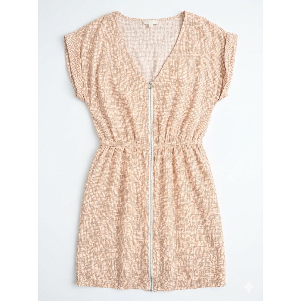 Cotton On y2k Tan White Geometric Grid Zip Front V-Neck Mini Dress size Small